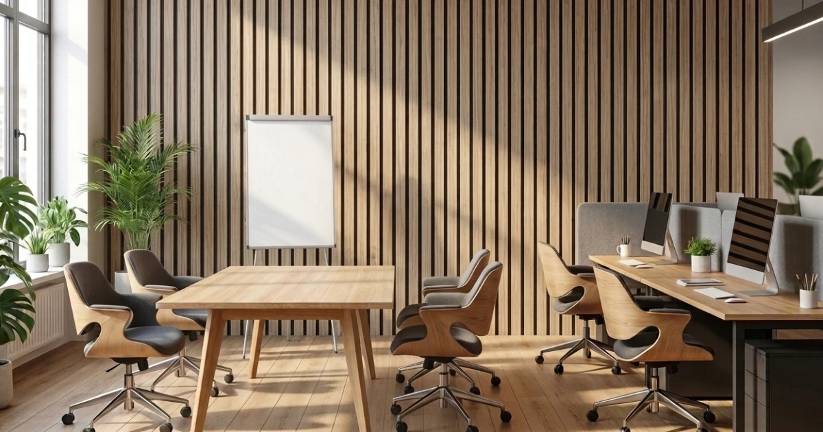 Swatch view of Axiom Natural WoodSlat Walnut acoustic panel showing dark walnut veneer slats over black PET acoustic felt backing