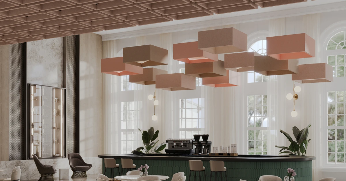 Modern office lobby ceiling featuring suspended Acoufelt Blox Angled Clouds in Valentine, Quartz, and Umber for overhead noise reduction and sculptural impact