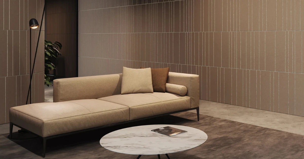 Commercial feature wall showcasing Acoufelt Fracture Two-Tone Barcode panels in Umber and Almond for acoustic sound absorption and linear design