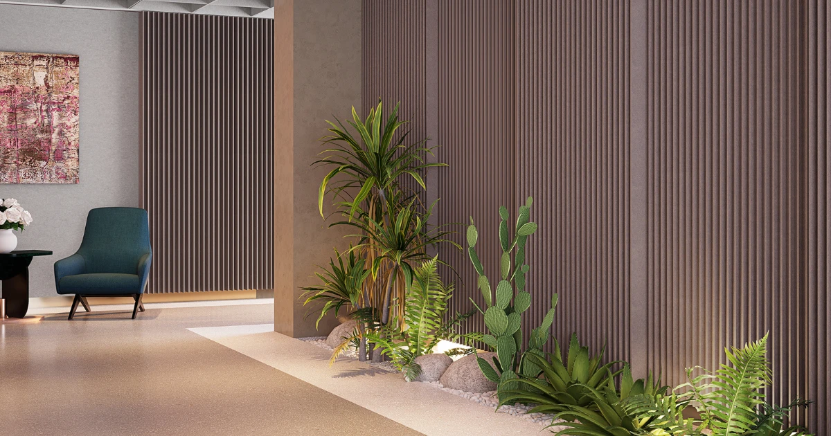 Modern office lobby featuring an expansive feature wall clad in Acoufelt Raised Wall Panels from the Premier Collection for dynamic texture and echo reduction