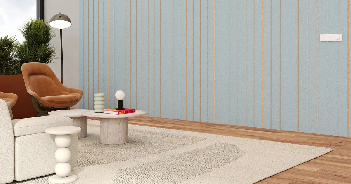 Spine Wall Panels Stonewash Peach Premier Collection Modern interior workspace featuring a geometric feature wall clad in Acoufelt Spine Wall Panels in Stonewash Peach Premier Collection for visual interest and echo control