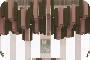 Modern collaborative workspace ceiling featuring suspended Acoufelt Pendant Square Ceiling Clouds in Eucalyptus and Flamingo for noise reduction and vibrant spatial design