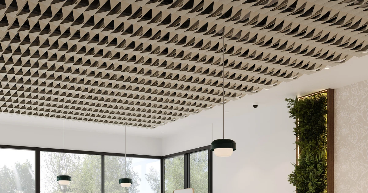 Modern office reception lounge featuring suspended Acoufelt Gills Sunfish Ceiling Frames in Almond for sculptural ceiling interest and high-performance noise control