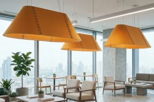 Modern conference room featuring suspended Acoufelt acouShade I Oval acoustic lighting fixtures above an executive meeting table for soft illumination and sound comfort.