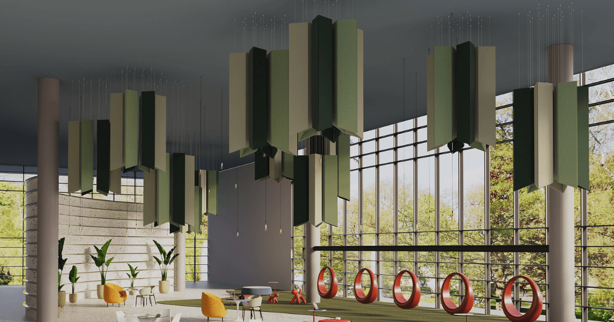 Modern office atrium ceiling featuring suspended Acoufelt Pendant Diamond Ceiling Clouds in Celery, Kale, and Sencha for biophilic acoustic design and echo control