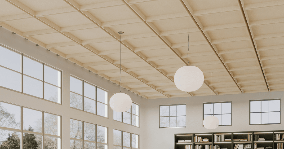 Modern executive conference room featuring suspended Acoufelt Recess Chamfer Ceiling Frames in Pearl for bright, glare-free light reflection and acoustic comfort