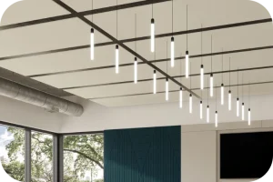 Modern open-plan boardroom featuring suspended Acoufelt Rectangle Ceiling Clouds in White for bright overhead light reflection and targeted noise reduction